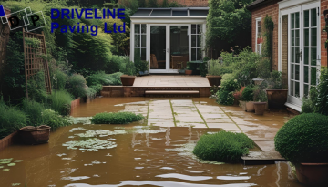 flooded garden with patio in a simpler UK home