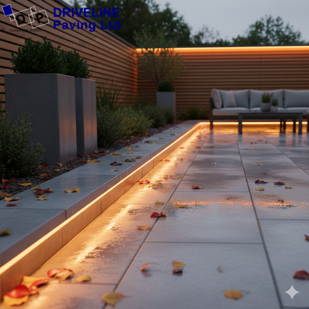 Installing lighting during patio construction ensures safe wiring and a seamless, professional finish before winter nights set in.