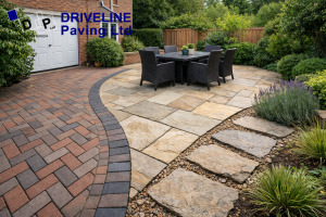Block paved driveway, natural stone patio and stepping stone garden path outside a red brick home in Epping