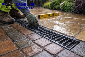 Contractor checking drainage channel and paving levels on a wet patio during rain to show how weather and runoff affect paving choice
