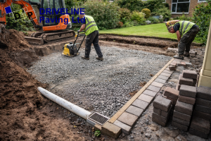 Workers on new paving installation