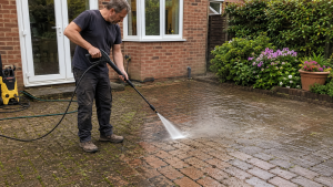 man cleaning the patio blocks with a pressure washer