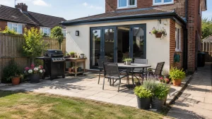 small barbecue patio place with garden set and planters