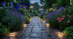 textured slip resistant garden path with edge lighting for safer summer access