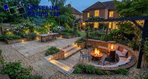 woodford patio lit for evening use with pergola and lighting