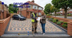 Driveway contractor discussing a written quote with a homeowner in Loughton