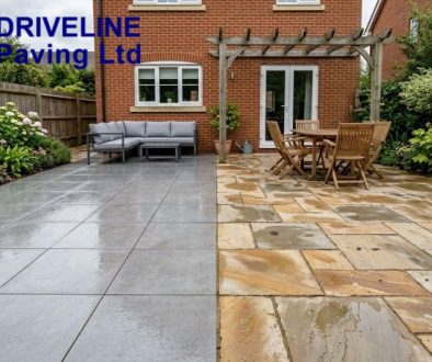 porcelain patio slabs laid beside sandstone paving in a uk back garden