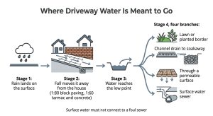 infographic showing how rainwater drains off a driveway and the four places it can be directed
