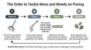 Infographic showing the four stage order for removing moss and weeds from paving and preventing regrowth